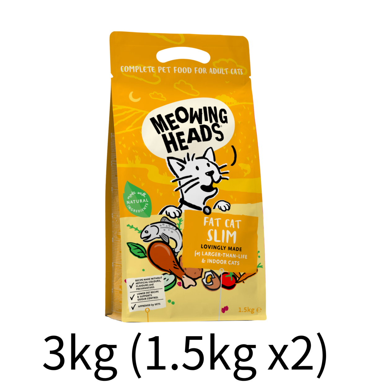 Meowing Heads | 無穀物纖體之選全體重控制及室內成貓乾糧（黃色）3kg（1.5kg x 2）