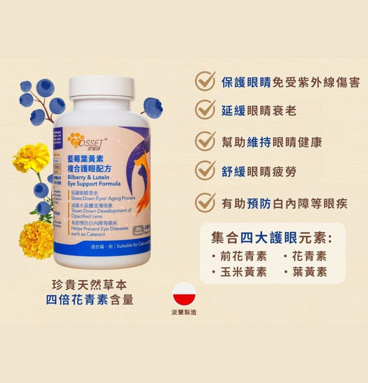 Cosset | 藍莓葉黃素複合護眼配方30粒（貓狗食用） - Lantau Pet