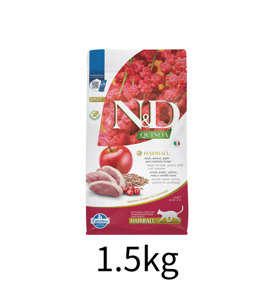 Farmina N&D | 天然藜麥無穀物保健系列 - 鴨肉去毛球成貓乾糧 1.5kg - Lantau Pet 寵甜
